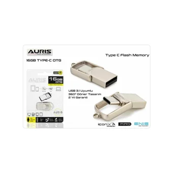 Auris Çift Taraflı USB 3.0 Usb Type-C 16 GB Flash Bellek Gümüş