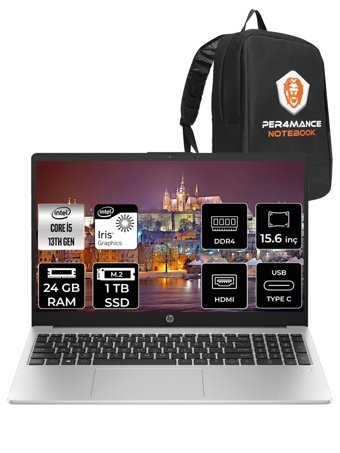 HP 250 G10 8A538EA Harici Intel Iris Xe Graphics Eligible Intel Core i5 1335U 24 GB Ram 1 TB SSD 15.6 inç Full HD FreeDos Laptop + PER4 Çanta