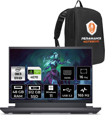 Dell G16 7630 G76302401020 Harici GeForce RTX 4070 Intel Core i9 13900HX 48 GB Ram 512 GB SSD 16 inç QHD Windows 11 Home Oyuncu Laptop + PER4 Çanta