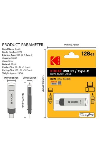 Kodak K273 USB 3.2 Usb Type-C 128 GB Flash Bellek Gri
