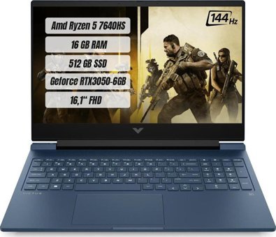 HP Victus 16 S0032NT 7Z4N2EA Harici GeForce RTX 3050 AMD Ryzen 5 7640HS 16 GB Ram 512 GB SSD 16.1 inç Full HD FreeDos Oyuncu Laptop