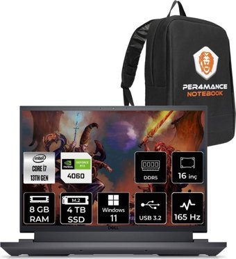 Dell Gaming G16 7630 G167630005U Harici GeForce RTX 4060 Intel Core i7 13650HX 8 GB Ram 4 TB SSD 16 inç QHD+ Windows 11 Pro Oyuncu Laptop + PER4 Çanta