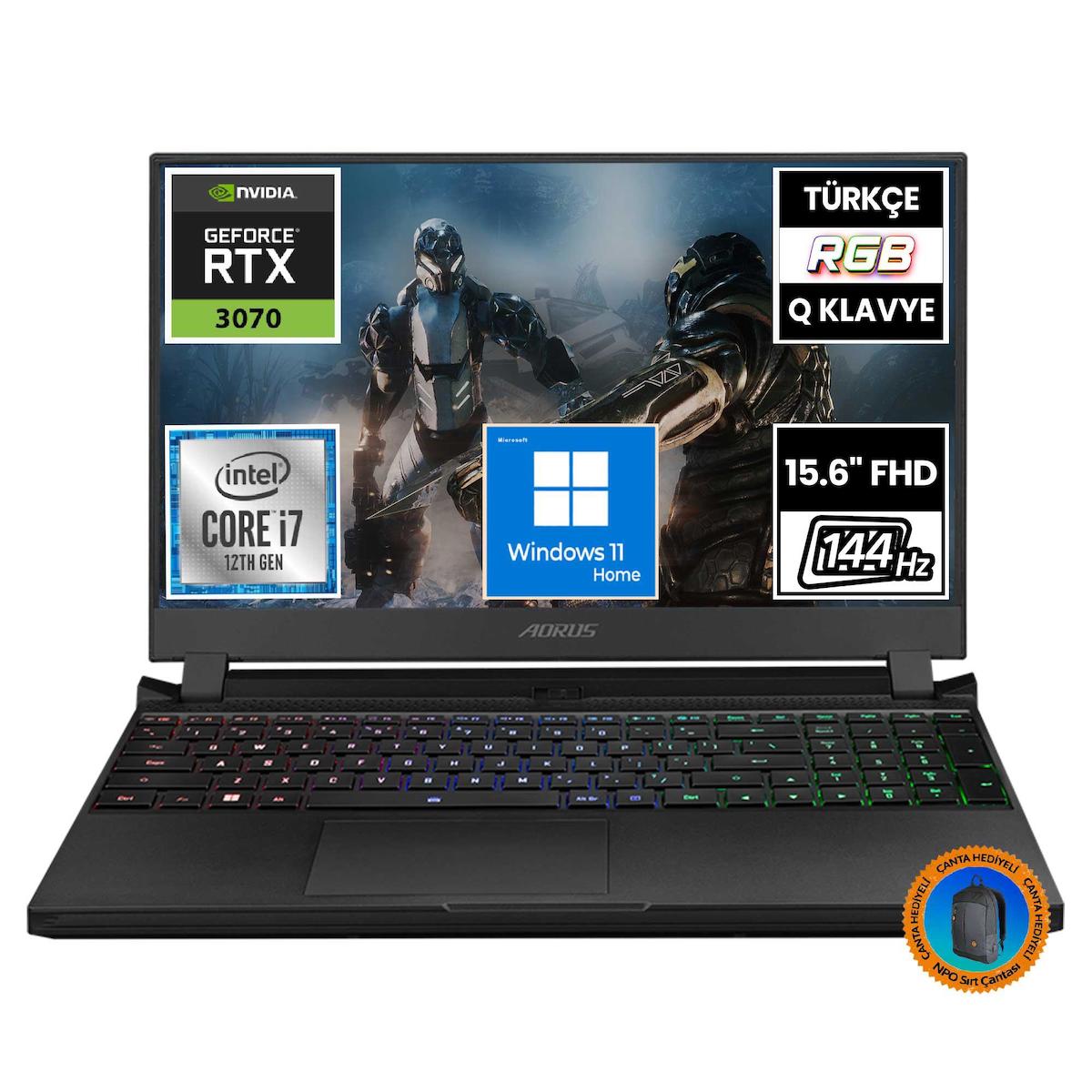 Gigabyte Aorus 5 SE4-73TR213SH14 CNT015 Harici GeForce RTX 3070 Intel Core i7 12700H 64 GB Ram 1 + 2 TB SSD 15.6 inç Full HD Windows 11 Home Oyuncu Laptop