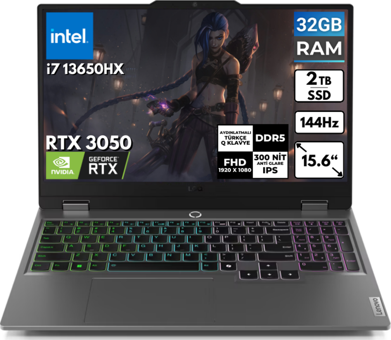 Lenovo LOQ 15IRX9 83DV00G5TR BT28 Harici GeForce RTX 3050 Intel Core i7 13650HX 32 GB Ram 2 TB SSD 15.6 inç Full HD FreeDos Oyuncu Laptop