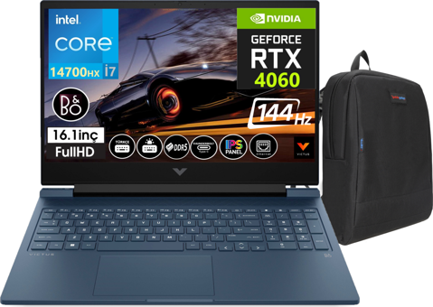 HP Victus 16 R1001NT VCS9J205EA26 Harici GeForce RTX 4060 Intel Core i7 14700HX 64 GB DDR5 Ram 1 TB SSD 16.1 inç Full HD Windows 11 Pro Oyuncu Laptop + Zetta Çanta