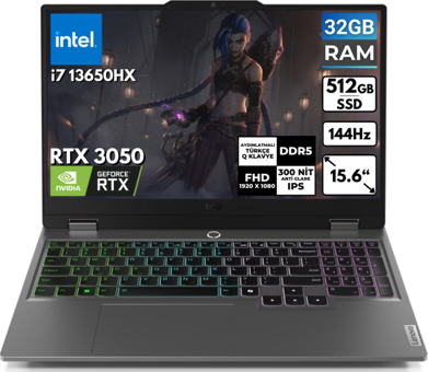 Lenovo LOQ 15IRX9 83DV00G5TR BT58 Harici GeForce RTX 3050 Intel Core i7 13650HX 32 GB Ram 512 GB SSD 15.6 inç Full HD FreeDos Oyuncu Laptop
