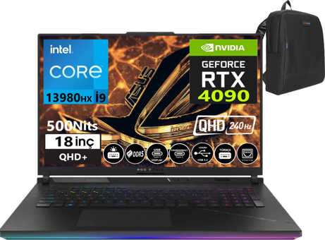 Asus Rog Strix Scar 18-N604009 Harici GeForce RTX 4090 Intel Core i9 13980HX 64 GB Ram 2 + 2 TB SSD 18 inç QHD+ FreeDos Oyuncu Laptop + Zetta Çanta