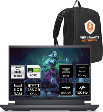 Dell G16 7630 G76302401020 Harici GeForce RTX 4070 Intel Core i9 13900HX 8 GB Ram 256 GB SSD 16 inç QHD FreeDos Oyuncu Laptop + PER4 Çanta