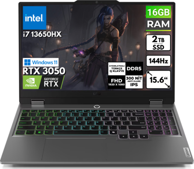 Lenovo LOQ 15IRX9 83DV00G5TR BT22 Harici GeForce RTX 3050 Intel Core i7 13650HX 16 GB Ram 2 TB SSD 15.6 inç Full HD Windows 11 Pro Oyuncu Laptop