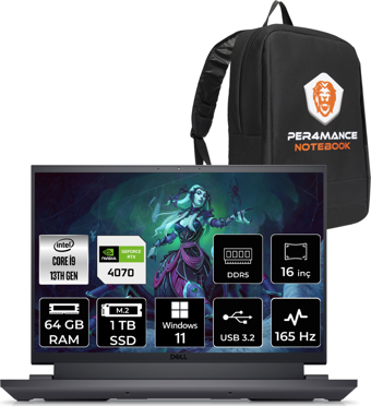 Dell G16 7630 G76302401020 Harici GeForce RTX 4070 Intel Core i9 13900HX 64 GB Ram 1 TB SSD 16 inç QHD Windows 11 Pro Oyuncu Laptop + PER4 Çanta