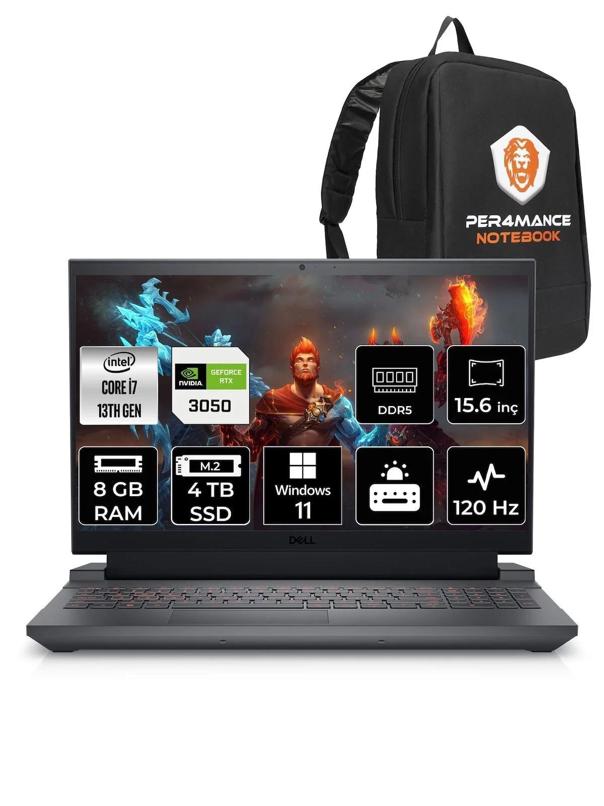 Dell G15 5530 G55302401005H Harici GeForce RTX 3050 Intel Core i7 13650HX 8 GB Ram 4 TB SSD 15.6 inç Full HD Windows 11 Home Oyuncu Laptop + PER4 Çanta