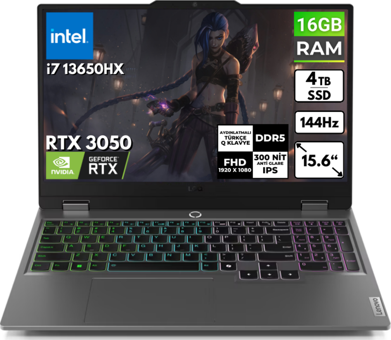 Lenovo LOQ 15IRX9 83DV00G5TR BT42 Harici GeForce RTX 3050 Intel Core i7 13650HX 16 GB Ram 4 TB SSD 15.6 inç Full HD FreeDos Oyuncu Laptop
