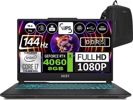 MSI Cyborg 15 A13VF892XTRWP01 Harici GeForce RTX 4060 Intel Core i7 13620H 16 GB Ram 512 GB SSD 15.6 inç Full HD Windows 11 Pro Oyuncu Laptop + Zetta Çanta