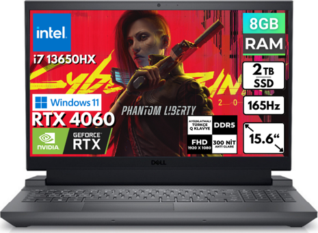 Dell Gaming G15 5530 G155530012UBT21 Harici GeForce RTX 4060 Intel Core i7 13650HX 8 GB Ram 2 TB SSD 15.6 inç Full HD Windows 11 Pro Oyuncu Laptop