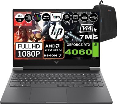 HP Victus 16 S1010NT 9Z790EAP02 Harici GeForce RTX 4060 AMD Ryzen 7 8840H 32 GB Ram 1 TB SSD 16.1 inç Full HD Windows 11 Pro Oyuncu Laptop
