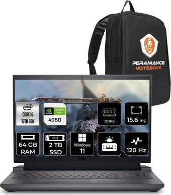 Dell Gaming G15 5530 G155530007U Harici GeForce RTX 4050 Intel Core i5 13450HX 64 GB Ram 2 + 2 TB SSD 15.6 inç Full HD Windows 11 Pro Oyuncu Laptop + PER4 Çanta