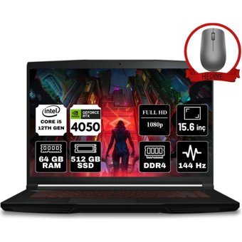 MSI Thin GF63 12VE-082XTR-A26 Dahili GeForce RTX 4050 Intel Core i5 12450H 64 GB Ram 512 GB SSD 15.6 inç Full HD Windows 11 Home Oyuncu Laptop + Anzar Mouse
