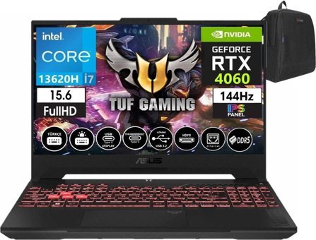 Asus Tuf Gaming F15 FX507VV-LP24218 Harici GeForce RTX 4060 Intel Core i7 13620H 16 GB Ram 1 TB SSD 15.6 inç Full HD Windows 11 Home Oyuncu Laptop + Zetta Çanta