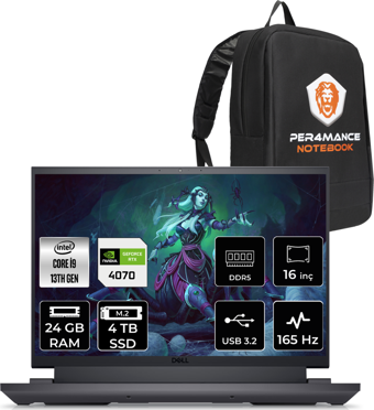 Dell G16 7630 G76302401020 Harici GeForce RTX 4070 Intel Core i9 13900HX 24 GB Ram 4 TB SSD 16 inç QHD FreeDos Oyuncu Laptop + PER4 Çanta