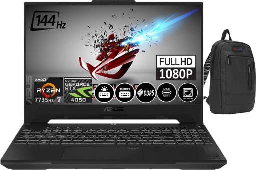 Asus TUF Gaming A157735HS LP05316 Harici GeForce RTX 4050 AMD Ryzen 7 7735HS 64 GB DDR5 Ram 512 GB SSD 15.6 inç Full HD Windows 11 Home Oyuncu Laptop + Zetta Çanta