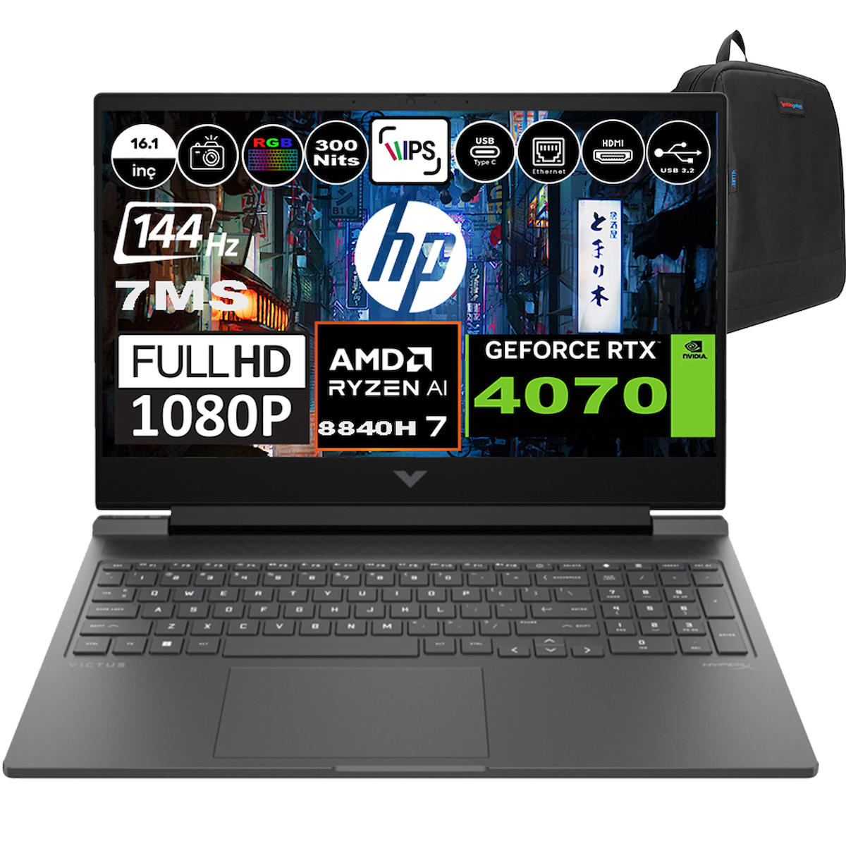HP Victus 16 S1002NT A05N6EAH08 Harici GeForce RTX 4070 AMD Ryzen 7 8840H 64 GB Ram 4 TB SSD 16.1 inç Full HD Windows 11 Home Oyuncu Laptop + Zetta Çanta