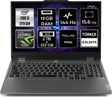 Lenovo LOQ 15IAX9 83GS007VTR-05 Harici GeForce RTX 3050 Intel Core i5 12450HX 16 GB Ram 512 GB + 2 TB SSD 15.6 inç Full HD FreeDos Oyuncu Laptop