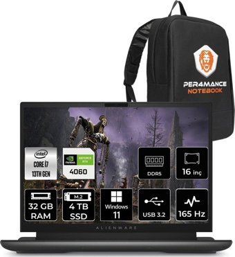 Dell Alienware M16 Harici GeForce RTX 4060 Intel Core i7 13700HX 32 GB Ram 4 TB SSD 16 inç QHD+ Windows 11 Pro Oyuncu Laptop + PER4 Çanta