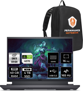 Dell G16 7630 G76302401020 Harici GeForce RTX 4070 Intel Core i9 13900HX 40 GB Ram 4 TB SSD 16 inç QHD FreeDos Oyuncu Laptop + PER4 Çanta