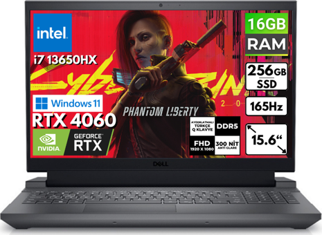 Dell Gaming G15 5530 G155530012UBT62 Harici GeForce RTX 4060 Intel Core i7 13650HX 16 GB Ram 256 GB SSD 15.6 inç Full HD Windows 11 Home Oyuncu Laptop