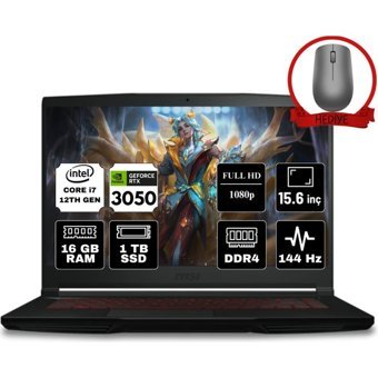 MSI Thin GF63 12UC-666XTR-A1 Dahili GeForce RTX 3050 Intel Core i7 12650H 16 GB Ram 1 TB SSD 15.6 inç Full HD FreeDos Oyuncu Laptop + Anzar Mouse