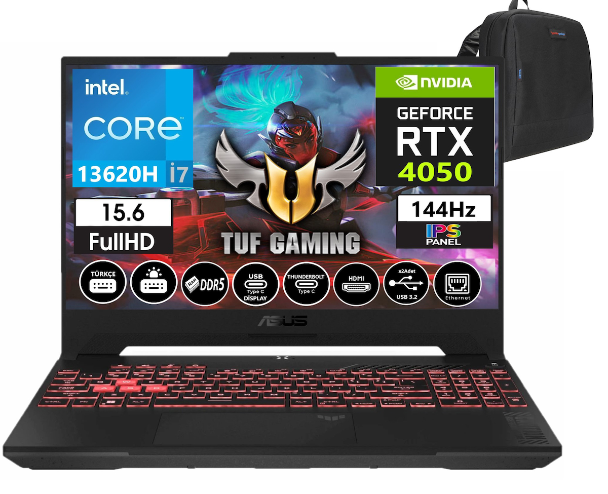 Asus Tuf Gaming F15 FX507VU-LP25734 Harici GeForce RTX 4050 Intel Core i7 13620H 16 GB DDR5 Ram 1 TB SSD 15.6 inç Full HD Windows 11 Pro Oyuncu Laptop + Weblegelsin Çanta