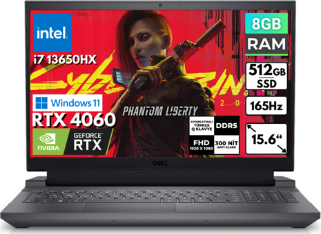 Dell Gaming G15 5530 G155530012UBT51 Harici GeForce RTX 4060 Intel Core i7 13650HX 8 GB Ram 512 GB SSD 15.6 inç Full HD Windows 11 Pro Oyuncu Laptop