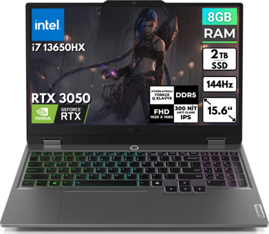 Lenovo LOQ 15IRX9 83DV00G5TR BT26 Harici GeForce RTX 3050 Intel Core i7 13650HX 8 GB Ram 2 TB SSD 15.6 inç Full HD FreeDos Oyuncu Laptop
