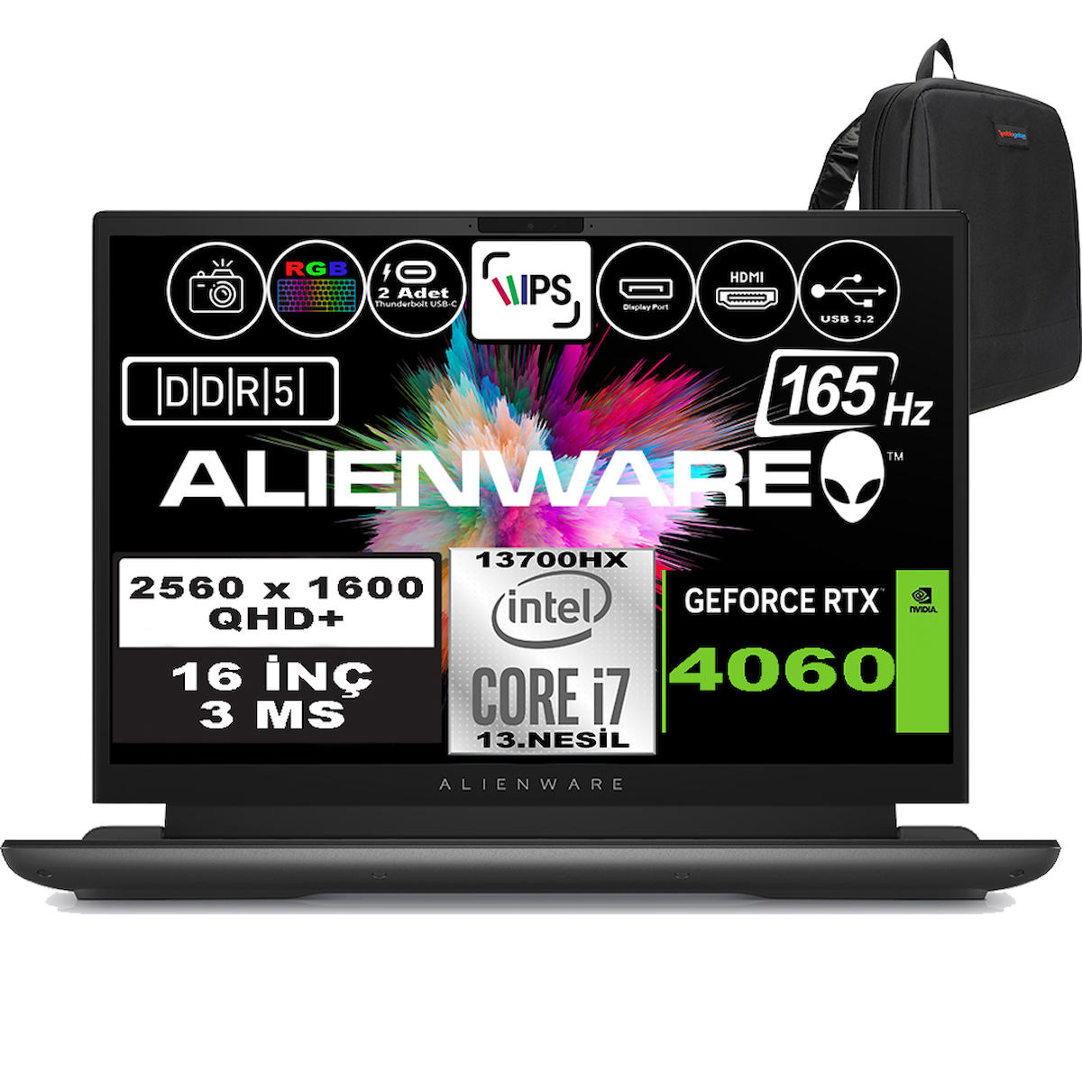 Dell Alienware M16 R1 AWM16I7X60WH05 Harici GeForce RTX 4060 Intel Core i7 13700HX 32 GB DDR5 Ram 512 GB SSD 16 inç QHD+ Windows 11 Home Oyuncu Laptop + Zetta Çanta