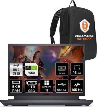 Dell Gaming G16 7630 G167630005U Harici GeForce RTX 4060 Intel Core i7 13650HX 8 GB Ram 1 TB SSD 16 inç QHD+ Windows 11 Pro Oyuncu Laptop + PER4 Çanta