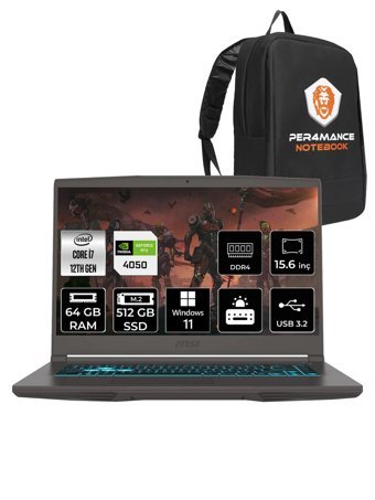 MSI Thin 15 12VE-1892XTR Harici GeForce RTX 4050 Intel Core i7 12650H 64 GB Ram 512 GB SSD 15.6 inç Full HD Windows 11 Pro Oyuncu Laptop + PER4 Çanta