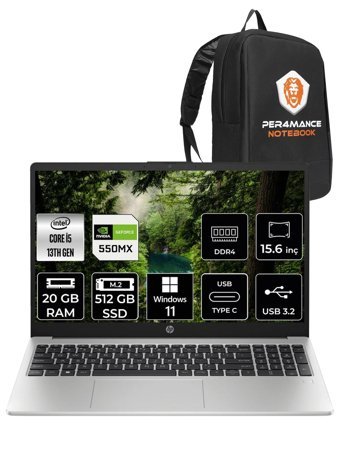 HP 250 G10 8A539EA Harici GeForce MX 550 Intel Core i5 1335U 20 GB Ram 512 GB SSD 15.6 inç Full HD Windows 11 Home Oyuncu Laptop + PER4 Çanta