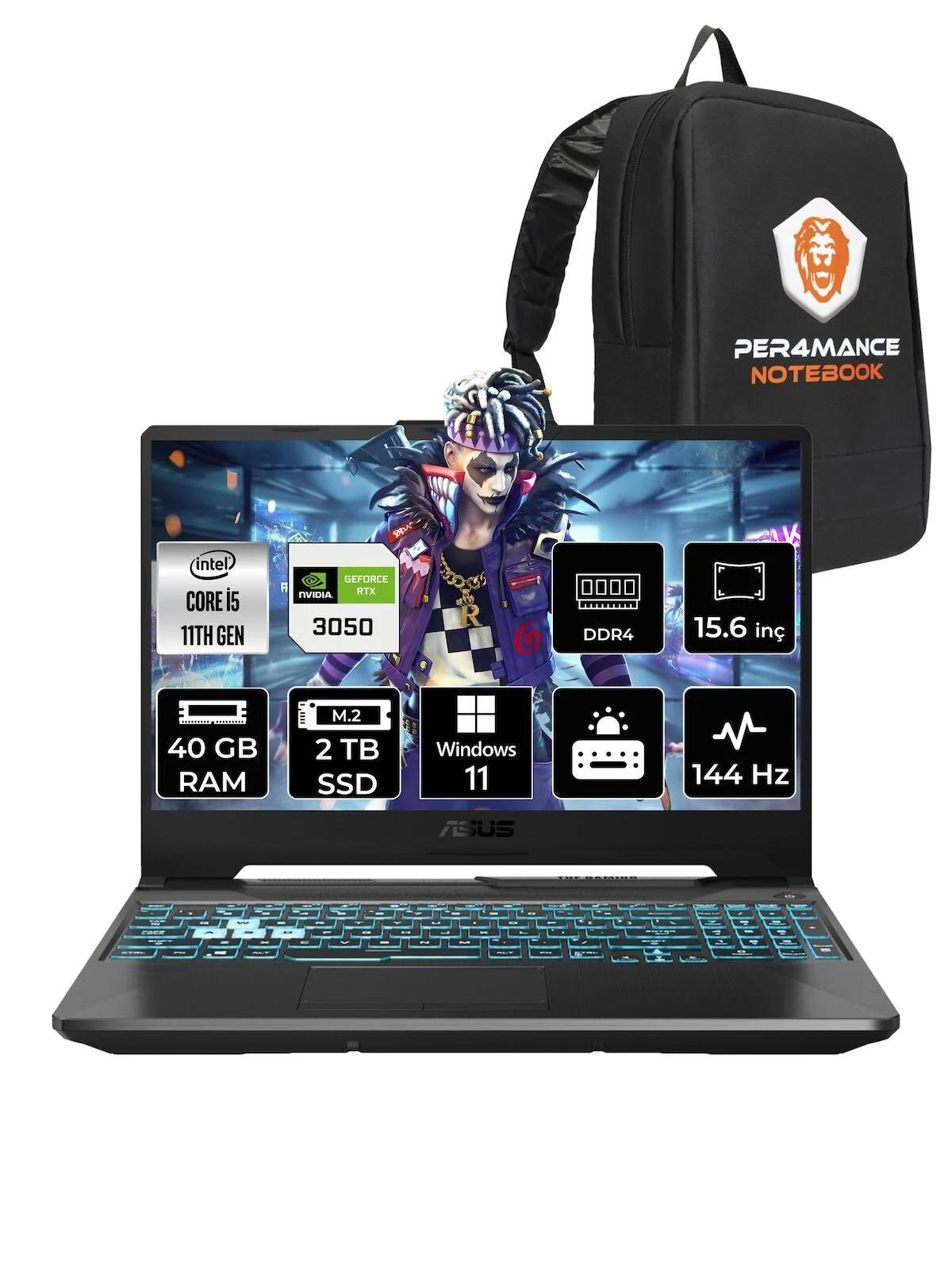 Asus Tuf Gaming F15 HN375 Harici GeForce RTX 3050 Intel Core i5 11400H 40 GB Ram 2 + 2 TB SSD 15.6 inç Full HD Windows 11 Home Oyuncu Laptop + PER4 Çanta