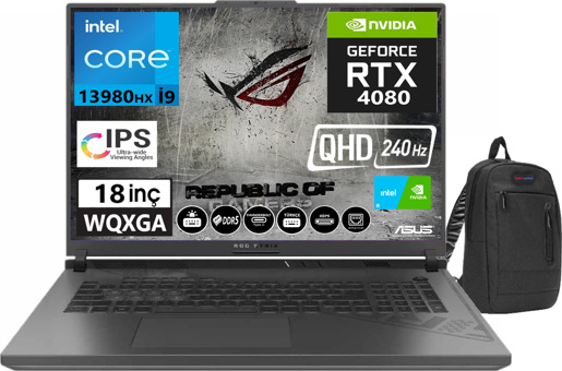 Asus ROG Strix G18 N602316 Harici GeForce RTX 4080 Intel Core i9 13980HX 64 GB DDR5 Ram 512 GB SSD 18 inç QHD Windows 11 Home Oyuncu Laptop + Zetta Çanta