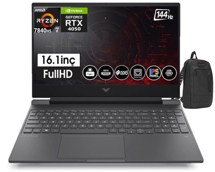 HP Victus Z7Z587EA18 Harici GeForce RTX 4050 AMD Ryzen 7 7840HS 96 GB DDR5 Ram 2 + 2 TB SSD 16.1 inç Full HD Windows 11 Home Oyuncu Laptop + Zetta Çanta