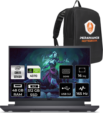 Dell G16 7630 G76302401020 Harici GeForce RTX 4070 Intel Core i9 13900HX 48 GB Ram 512 GB SSD 16 inç QHD FreeDos Oyuncu Laptop + PER4 Çanta