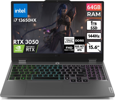 Lenovo LOQ 15IRX9 83DV00G5TR BT14 Harici GeForce RTX 3050 Intel Core i7 13650HX 64 GB Ram 1 TB SSD 15.6 inç Full HD FreeDos Oyuncu Laptop