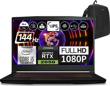 MSI Thin GF63 12UCX427XTRWP05 Harici GeForce RTX 2050 Intel Core i5 12450H 32 GB Ram 512 GB SSD 15.6 inç Full HD Windows 11 Pro Oyuncu Laptop + Zetta Çanta