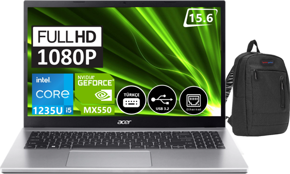 Acer Aspire 3 A315-59G NXK6WEY00243 Harici GeForce MX 550 Intel Core i5 1235U 32 GB Ram 1 TB SSD 15.6 inç Full HD Windows 11 Pro Oyuncu Laptop