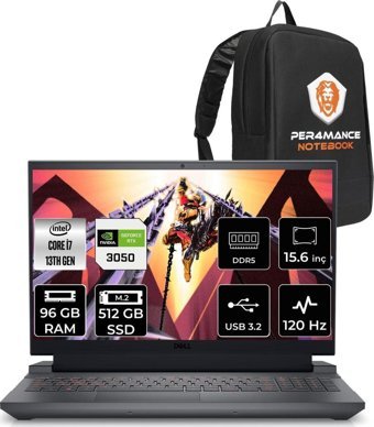 Dell Gaming G15 5530 G55302401005U Harici GeForce RTX 3050 Intel Core i7 13650HX 96 GB Ram 512 GB SSD 15.6 inç Full HD FreeDos Oyuncu Laptop + PER4 Çanta
