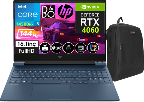 HP Victus 16 R1057NT VCS9J260EA25 Harici GeForce RTX 4060 Intel Core i5 14500HX 64 GB DDR5 Ram 512 GB SSD 16.1 inç Full HD Windows 11 Pro Oyuncu Laptop + Zetta Çanta