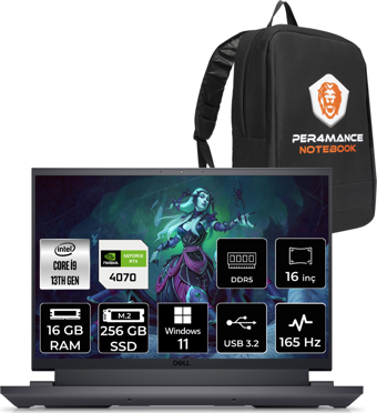 Dell G16 7630 G76302401020 Harici GeForce RTX 4070 Intel Core i9 13900HX 16 GB Ram 256 GB SSD 16 inç QHD Windows 11 Pro Oyuncu Laptop + PER4 Çanta