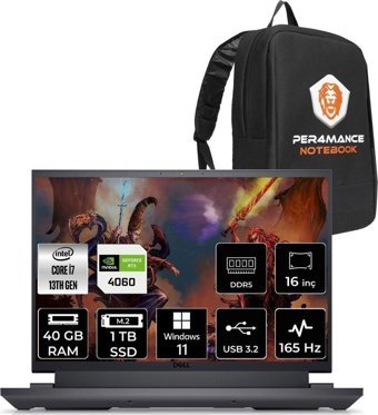 Dell Gaming G16 7630 G167630005U Harici GeForce RTX 4060 Intel Core i7 13650HX 40 GB Ram 512 GB SSD 16 inç QHD+ Windows 11 Pro Oyuncu Laptop + PER4 Çanta