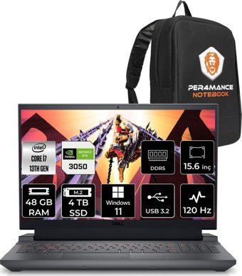 Dell Gaming G15 5530 G55302401005U Harici GeForce RTX 3050 Intel Core i7 13650HX 48 GB Ram 4 TB SSD 15.6 inç Full HD Windows 11 Home Oyuncu Laptop + PER4 Çanta