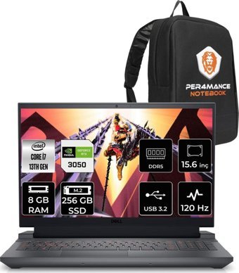 Dell Gaming G15 5530 G55302401005U Harici GeForce RTX 3050 Intel Core i7 13650HX 8 GB Ram 256 GB SSD 15.6 inç Full HD FreeDos Oyuncu Laptop + PER4 Çanta